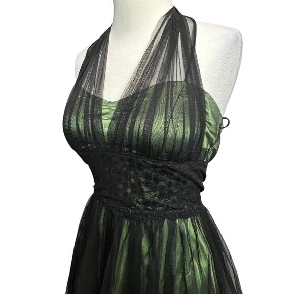 Vintage Y2K Cumbia Dress XS Green Satin Black Mesh Goth Fairycore Party Whimsy - Picture 4 of 16